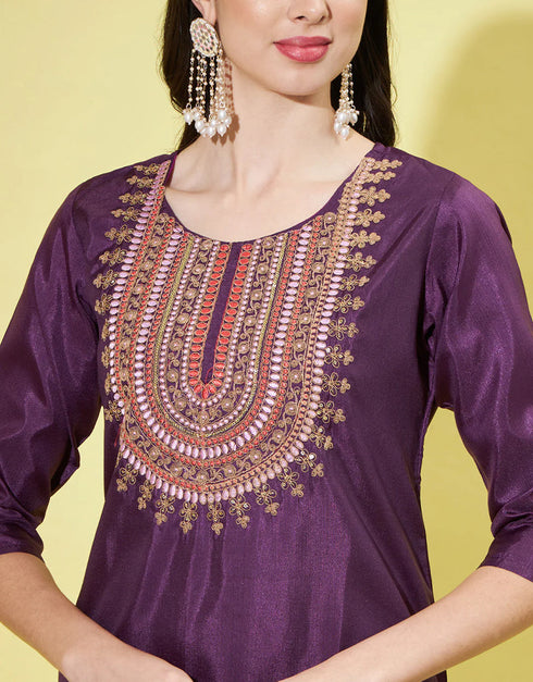 Designer Party Wear Readymade Silk Blend Salwar Suit Purple Silk Blend Pant Straight Side View